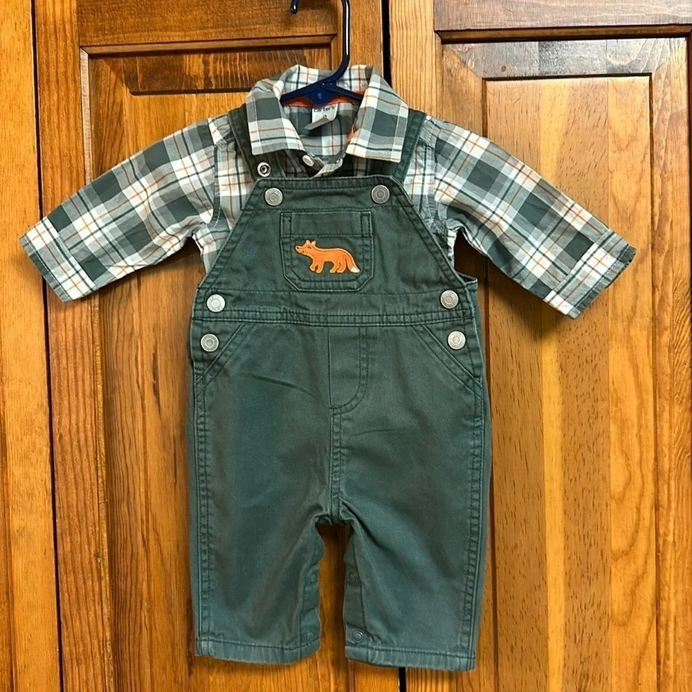 Carter’s Infant Boys 2 Piece Plaid Button-down Shirt & Green Overall Set 3 M